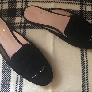 Kate Spade Black Suede Leather Berkeley Slide Mules Gold studded Tassels Size 7B